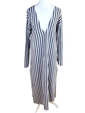 Rus Tsubaki Knit Dress Mako Cotton Blend Gray Cream Stripe Deep V-Neck (M)